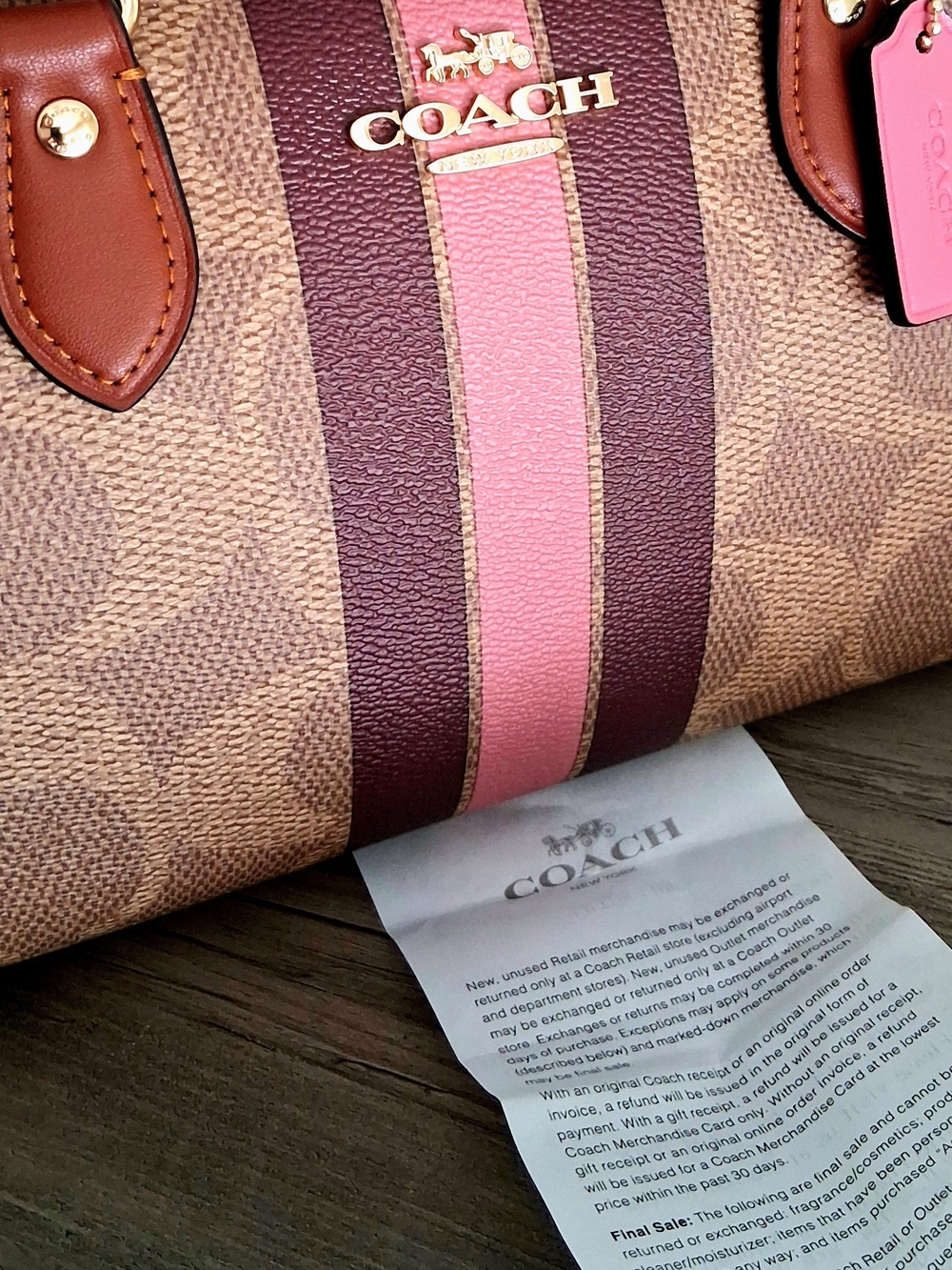 NWT Authentic Coach Rowan Brown Signature Satchel with Pink & Wine Stripe Accent - Picture 4 of 12
